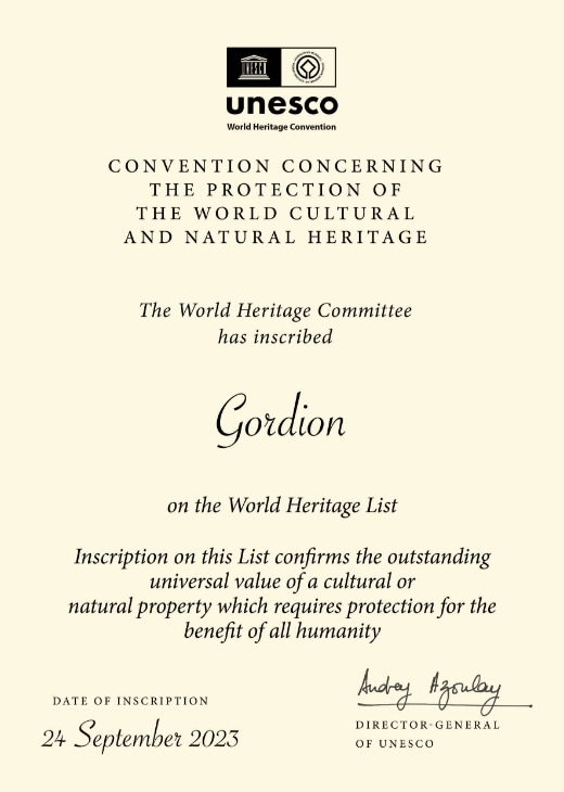 UNESCO tarafından Gordion'a verilen Dünya Mirası Sertifikası